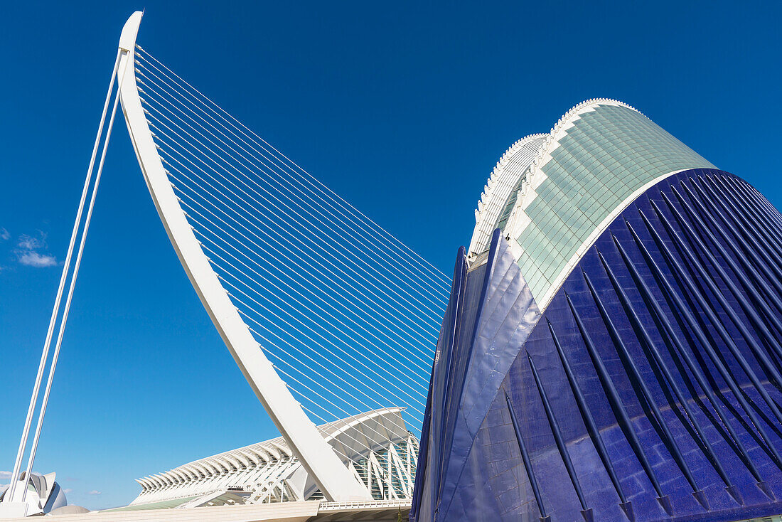 Ansicht von El Pont De L'assut De L'or, L'agora und El Museu De Les Ciencies Principe Felipe in Ciudad De Las Artes Y Las Ciencias (Stadt der Künste und Wissenschaften), Valencia, Spanien