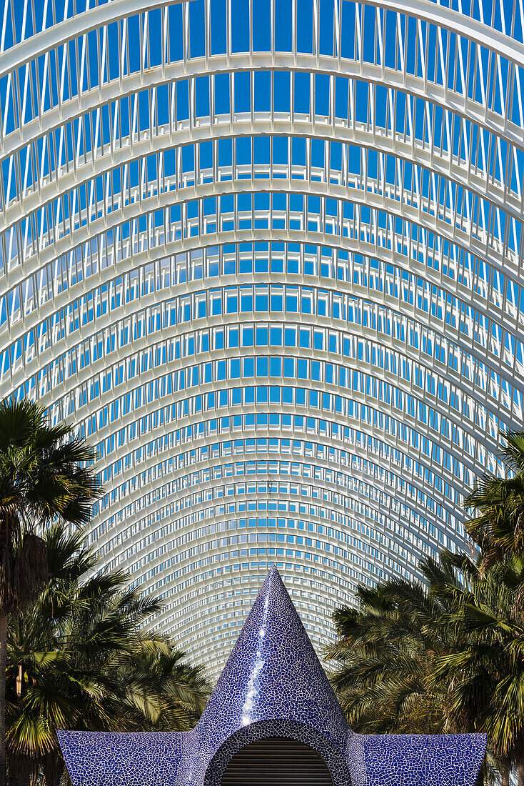 View Of Umbracle,Sculpture And Palm Trees In Ciudad De Las Artes Y Las Ciencias (City Of Arts And Sciences),Valencia,Spain