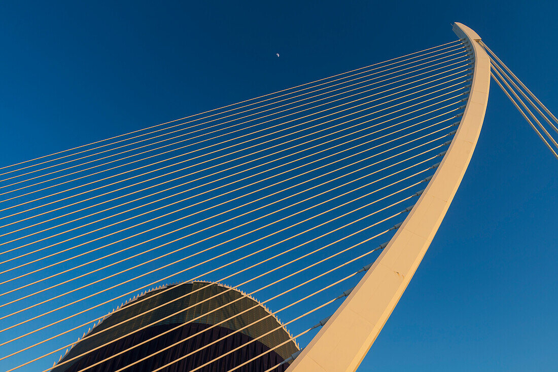 Mond über El Pont De L'assut De L'or und L'agora in Ciudad De Las Artes Y Las Ciencias (Stadt der Künste und Wissenschaften), Valencia, Spanien