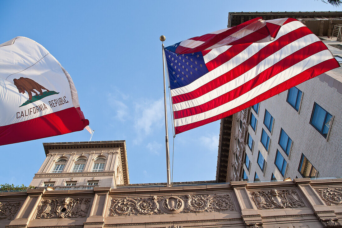 Low Angle View Of California And American Flags,California,Usa