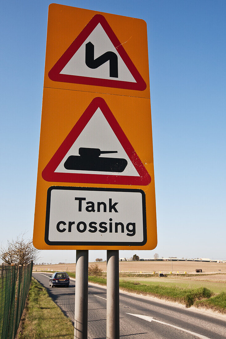 Tank Crossing Road Sign On Salisbury Plain,Along A360 Road Near Tilshead Village,Wiltshire,England,Uk