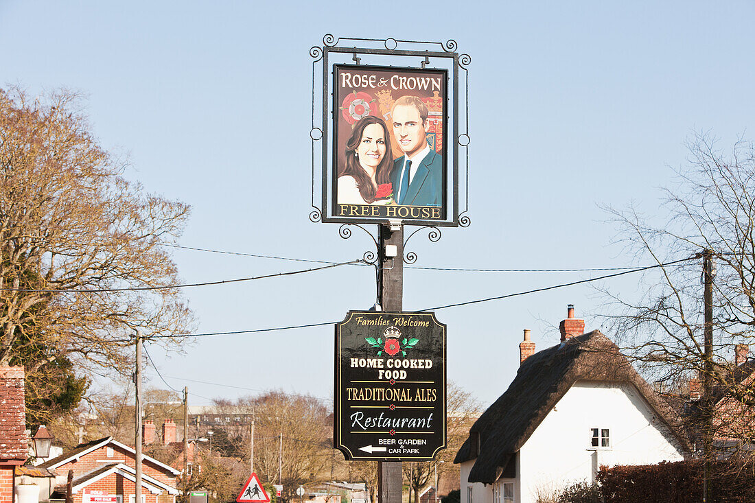 Prince William And Catherine,Duchess Of Cambridge Painted On Pub Sign At High Street,Tilshead,Wiltshire,England,Uk