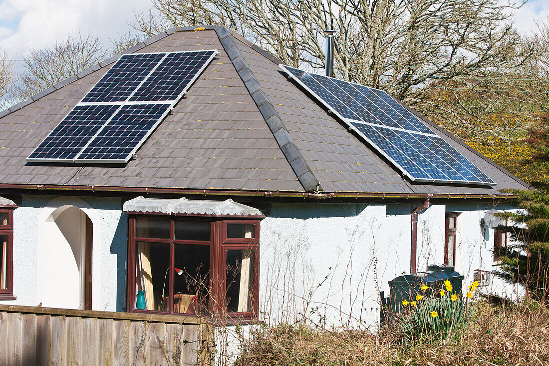 Solar Panels On Small Detached Bungalow,Little Haven,Pembrokeshire Coast,Wales,Uk
