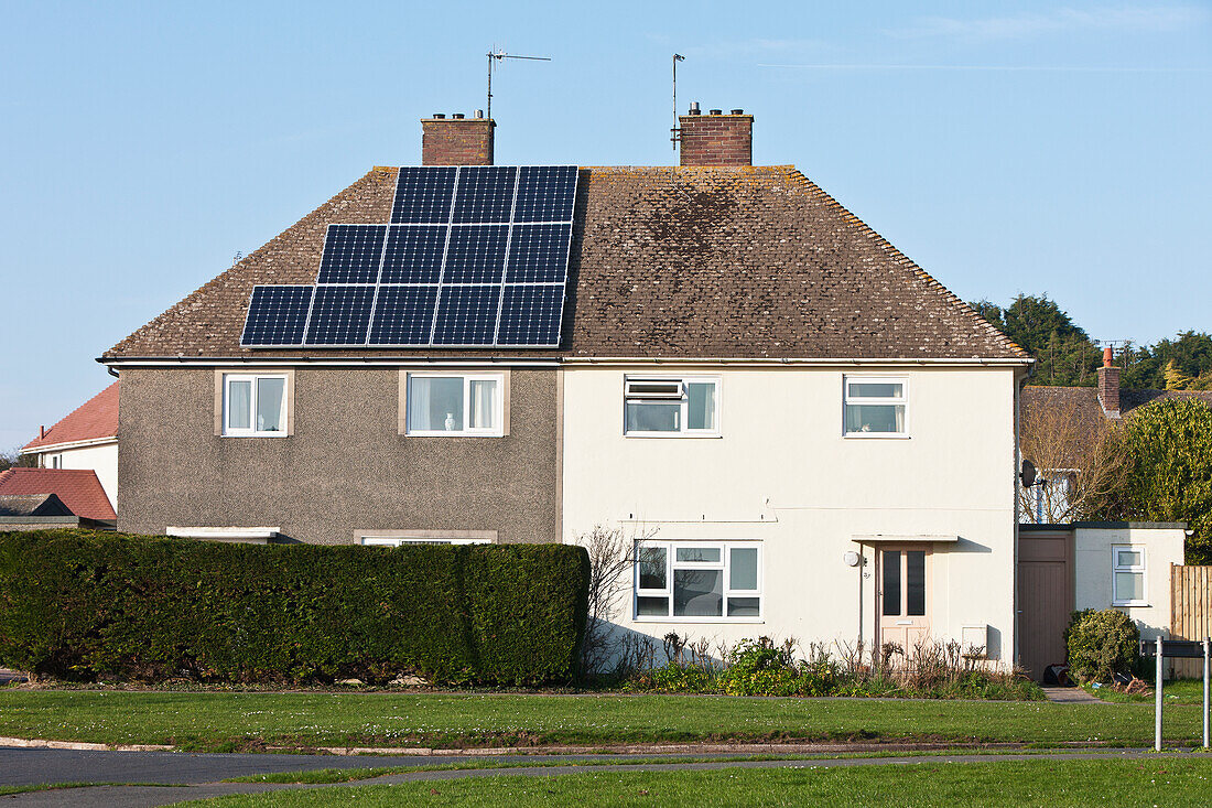 Solar Panels On Half Of Roof Of Semi-Detached House,Solva Village,Pembrokeshire Coast Path,Wales,United Kingdom