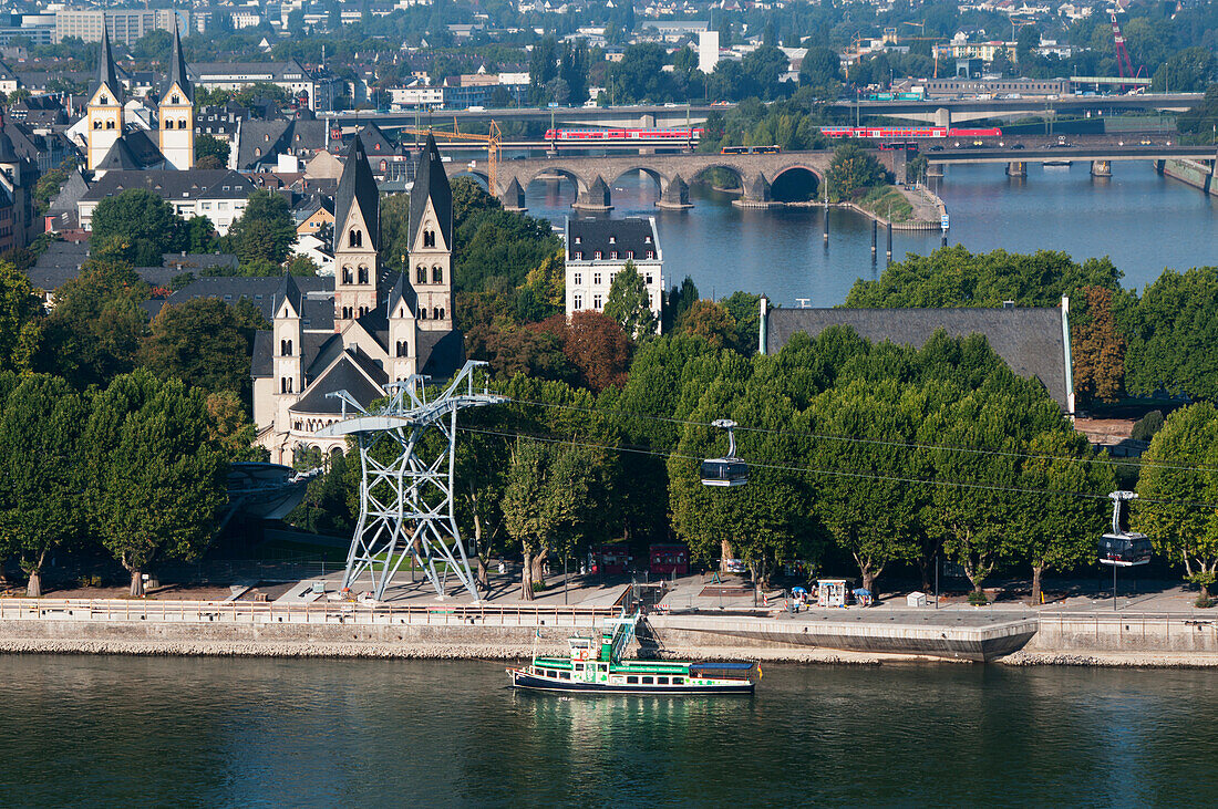 View Of The City Of Koblenz And A Boat In The River,Koblenz,Rhineland-Palatinate,Germany