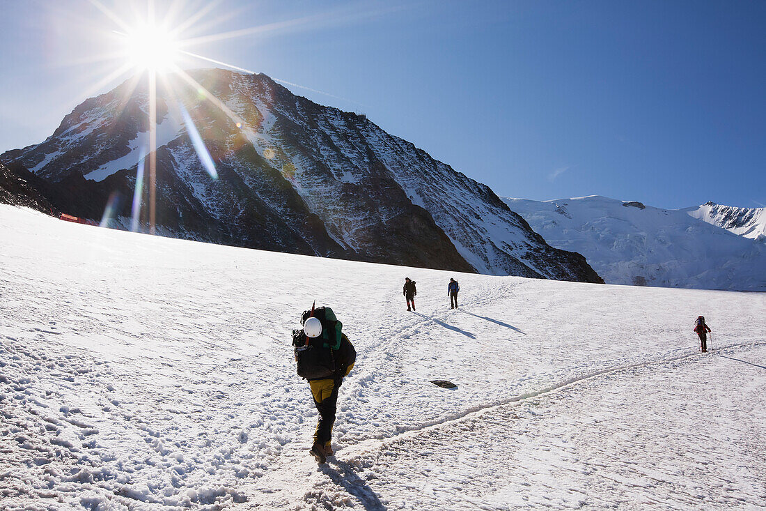 Climbing Mont Blanc Mountain,One Of The Most Popular Climbs In The Alps,And Highest In Western Europe,Near Tete Rousse Hut,France