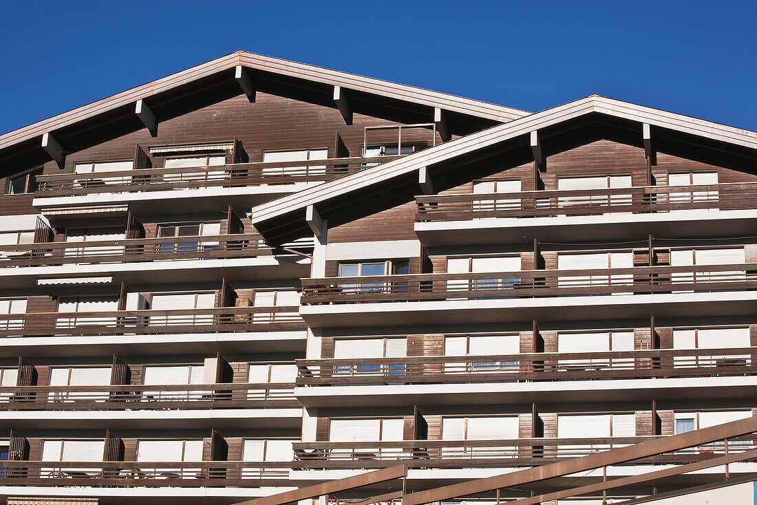 Apartment Buildings In The Centre Of Nendaz,A Popular Ski Resort Destination And Activity Centre In The Swiss Alps,Valais District,Switzerland