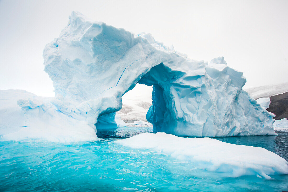 Natürliche Gewölbebildung in einem Eisberg in der Cierva-Bucht des Südlichen Ozeans, Antarktis