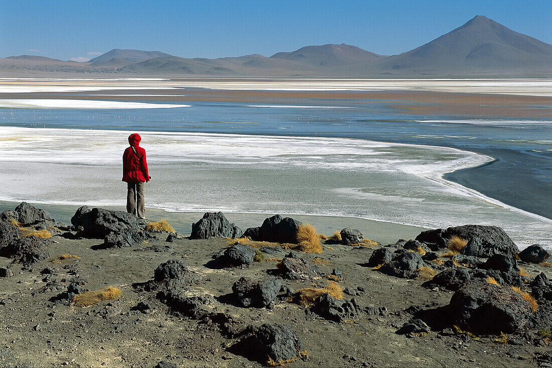 Figur in Rot am Rande eines saisonalen Sees in der Atacama-Wüste, Chile