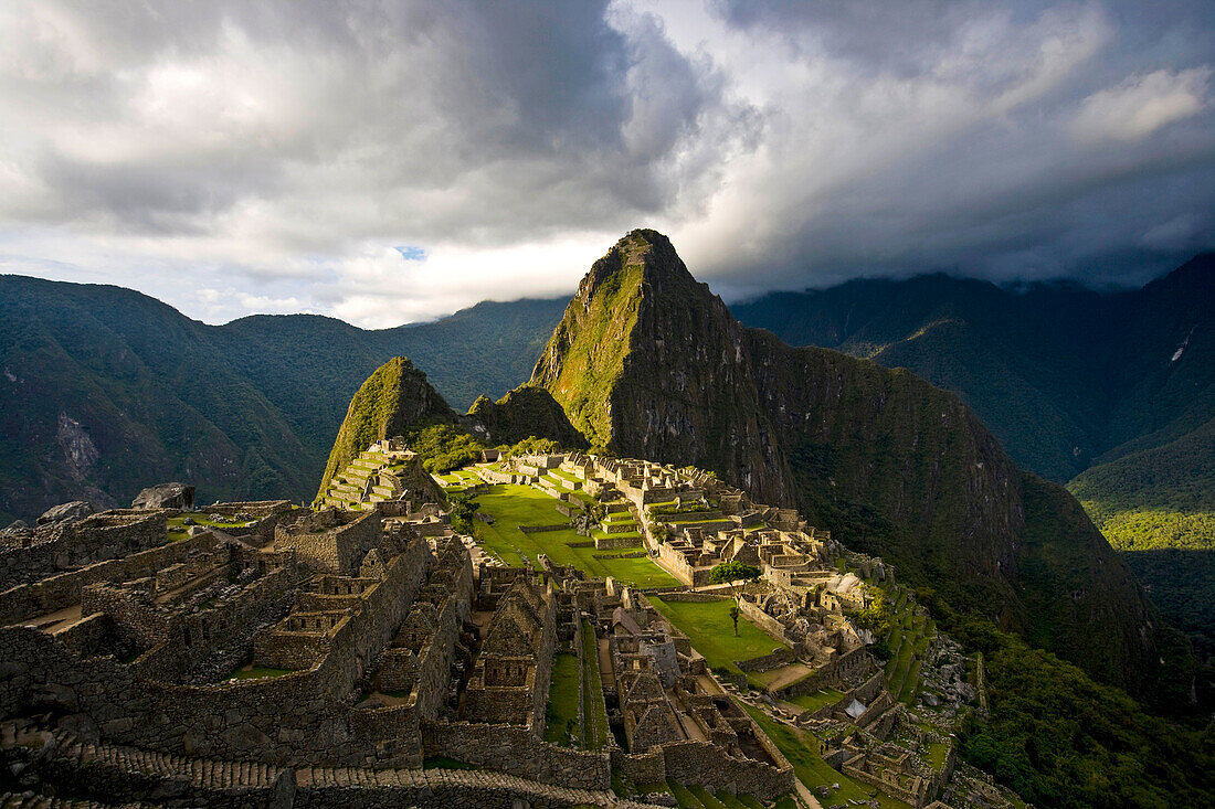 Reconstructed stone buildings on Machu Picchu,Peru