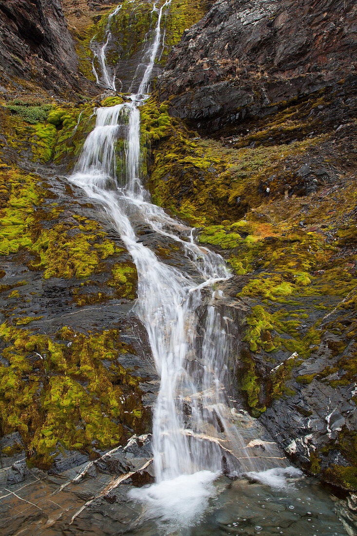 Wasserfall stürzt von einer Klippe in den Ozean auf der Insel Südgeorgien,Südgeorgien