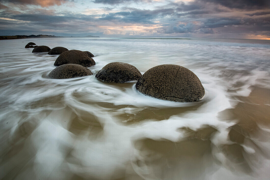 Long exposure of the Moeraki Boulders along Koekohe Beach on the South Island of New Zealand,Hampden,North Otago,New Zealand