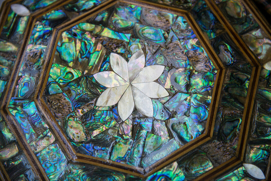 Shallow bowl of inlaid mother of pearl in the market at Muscat,Muscat,Oman