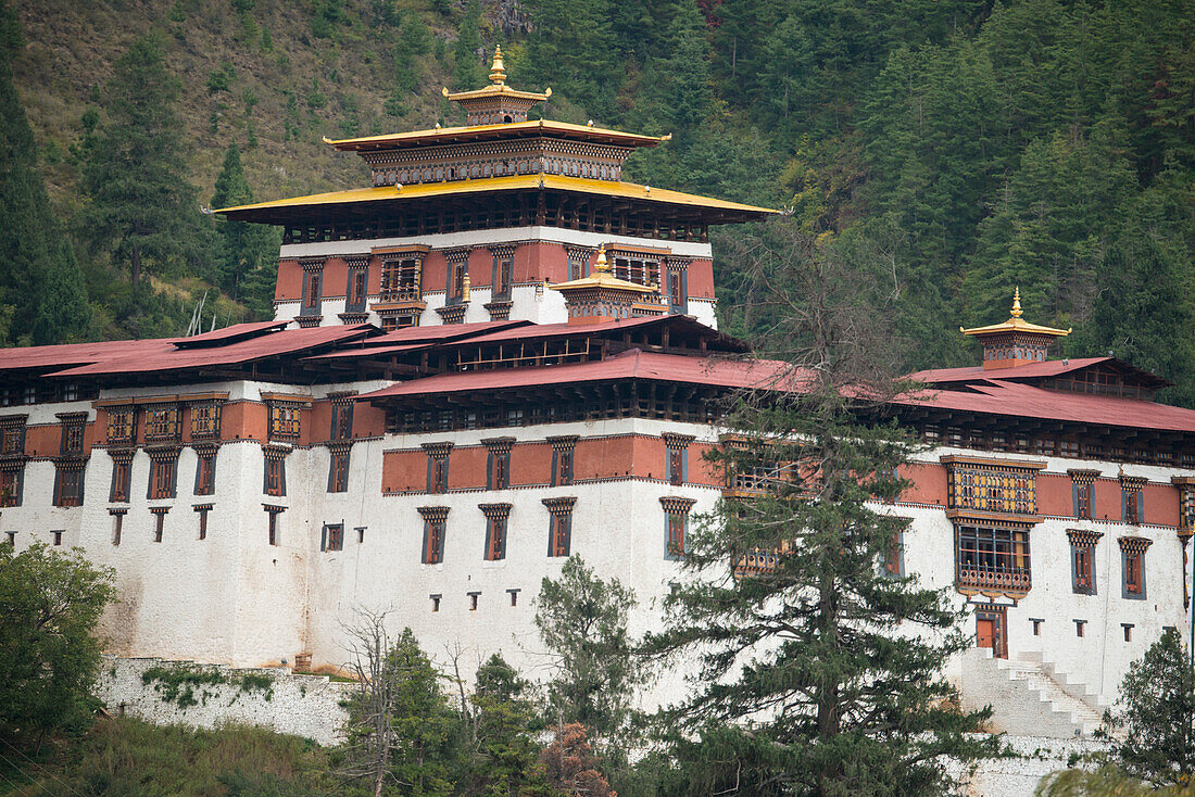 Rinpung Dzong, auch bekannt als die 'Festung des Juwelenhaufens', auf einer Höhe von 3.000 Metern über dem Meeresspiegel, Paro, Bhutan