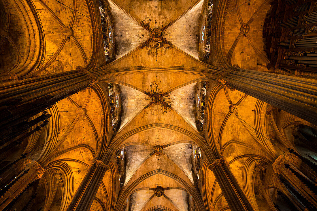 Ansicht der Säulen und der gewölbten Decke der Kathedrale von Barcelona,Barcelona,Spanien