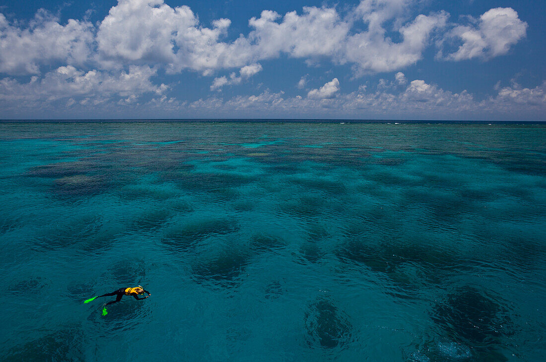 Einsamer Schnorchler auf dem Wasser am Great Barrier Reef, Great Barrier Reef, Australien