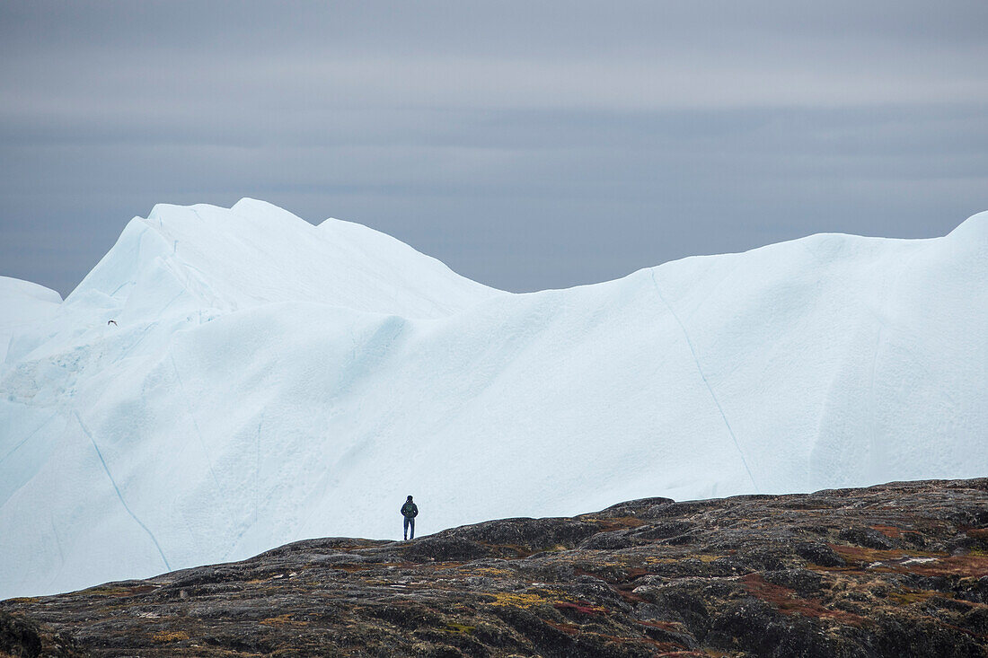 Person steht mit Blick auf den Ilulissat-Eisfjord, Grönland