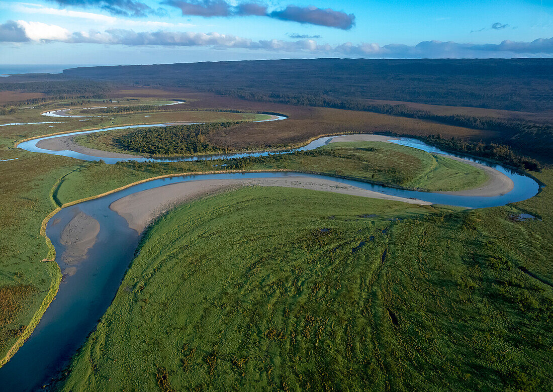 Aerial view of river bends in Mount Aspiring National Park at sunrise,Haast,South Island,New Zealand