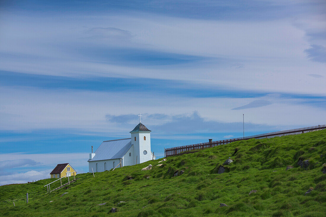 Church on Flatey Island,the largest island of the western islands,located in Breidafjordur on the northwestern part of Iceland,Iceland