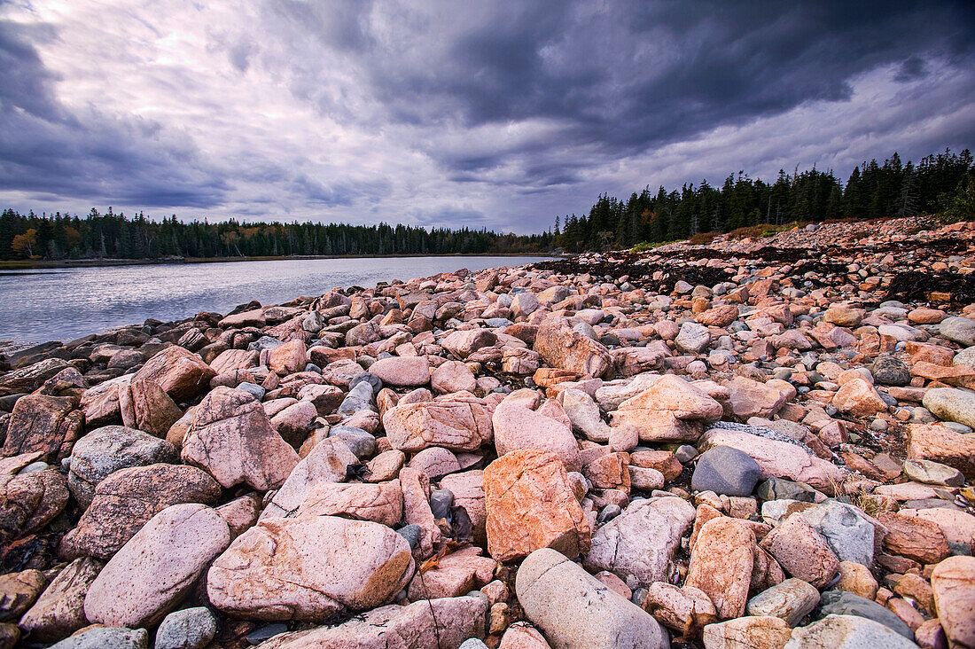 Rocks line the coast of Acadia National Park,Maine,United States of America