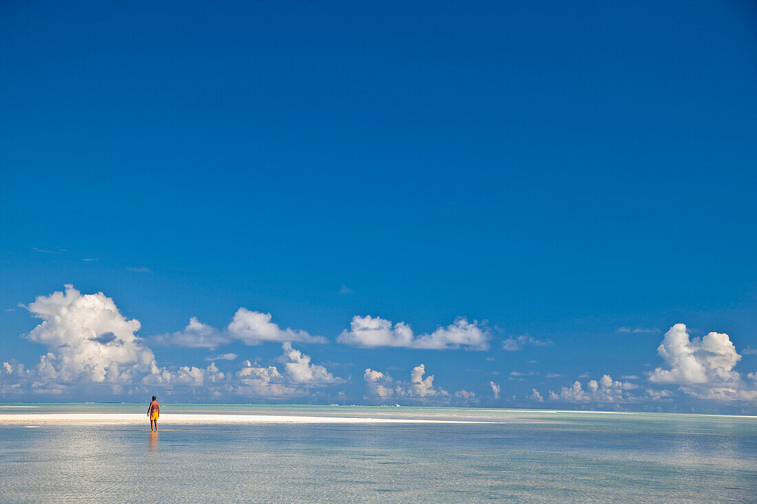 Man stands in shallow water looking at the vast horizon with clouds against the bright blue sky,St. Francois Atoll,Alphonse Group,Seychelles