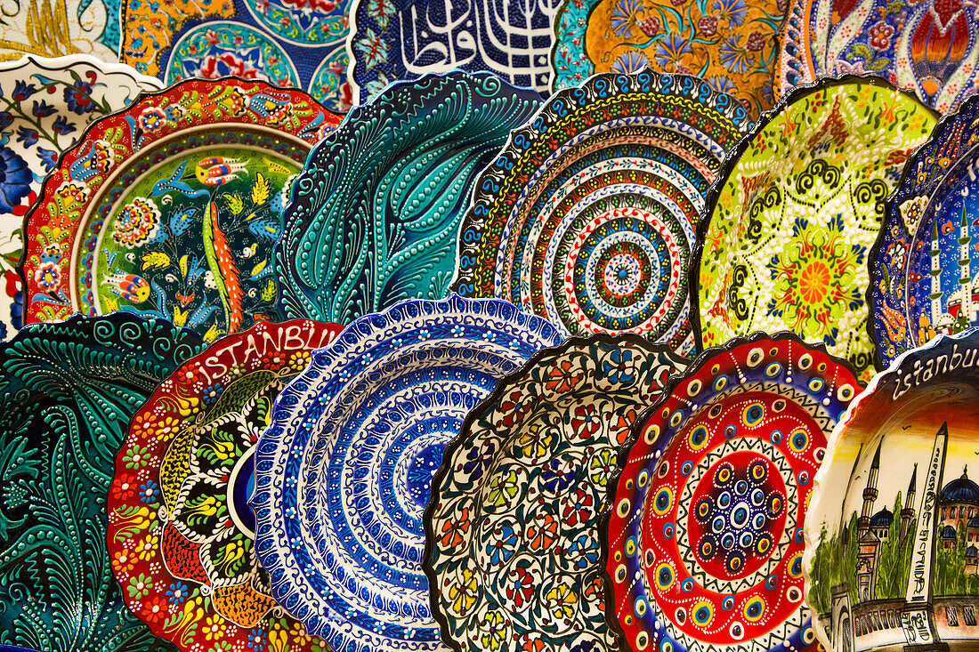 Dishware for sale,colorful plates in rows displayed in a shop in the Spice Bazaar in the Fatih District,Istanbul,Turkey