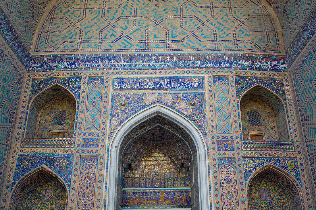 Interior,Islamic arches and tile work in the Tilla-Kari Mosque (completed in 1660) at Registan Square,Samarkland,Uzbekistan