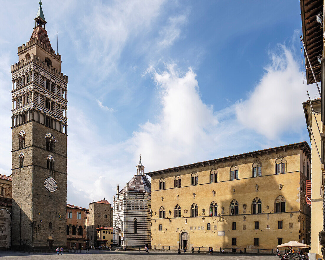 Bell tower,Baptistery of San Giovanni in Corte,City Hall,Duomo Square,Pistoia,Tuscany,Italy