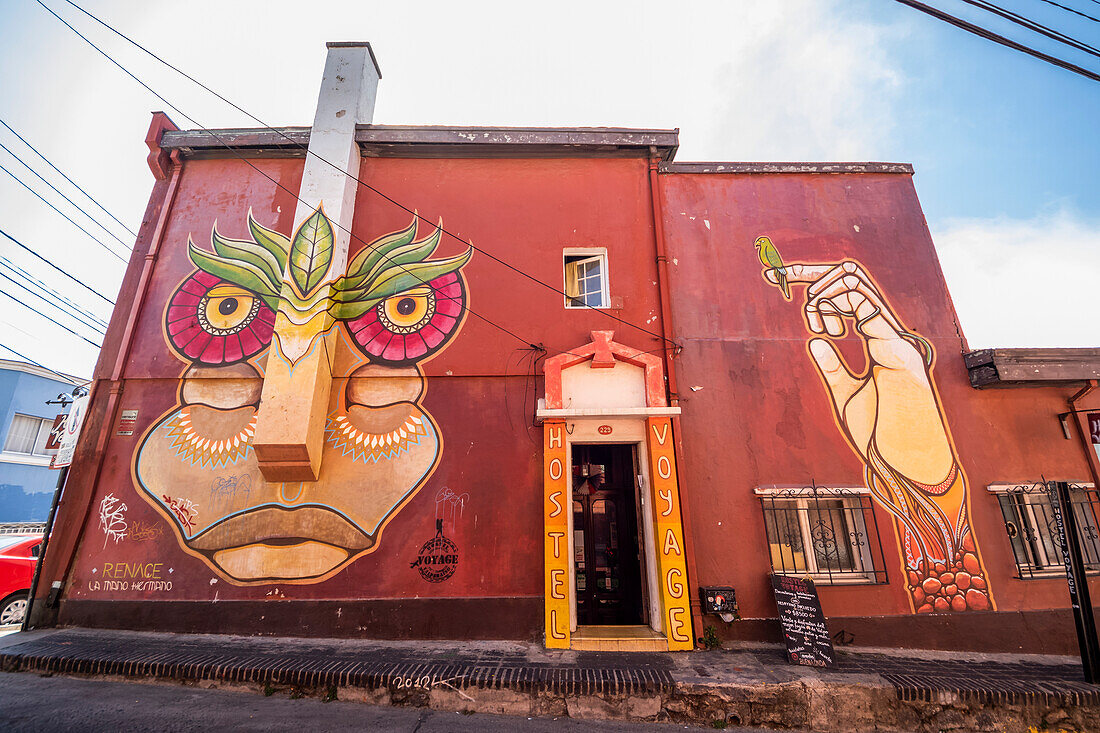 Mural on the wall of a hostel,Curro Concepcion,Valparaiso,Valparaiso Region,Chile