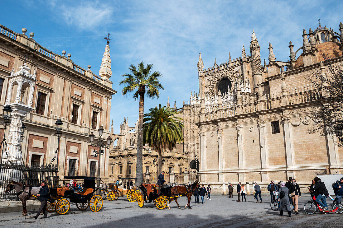 Plaza del Triunfo,with Seville Cathedral on the right and General Archive of the Indies on the left,Seville,Spain