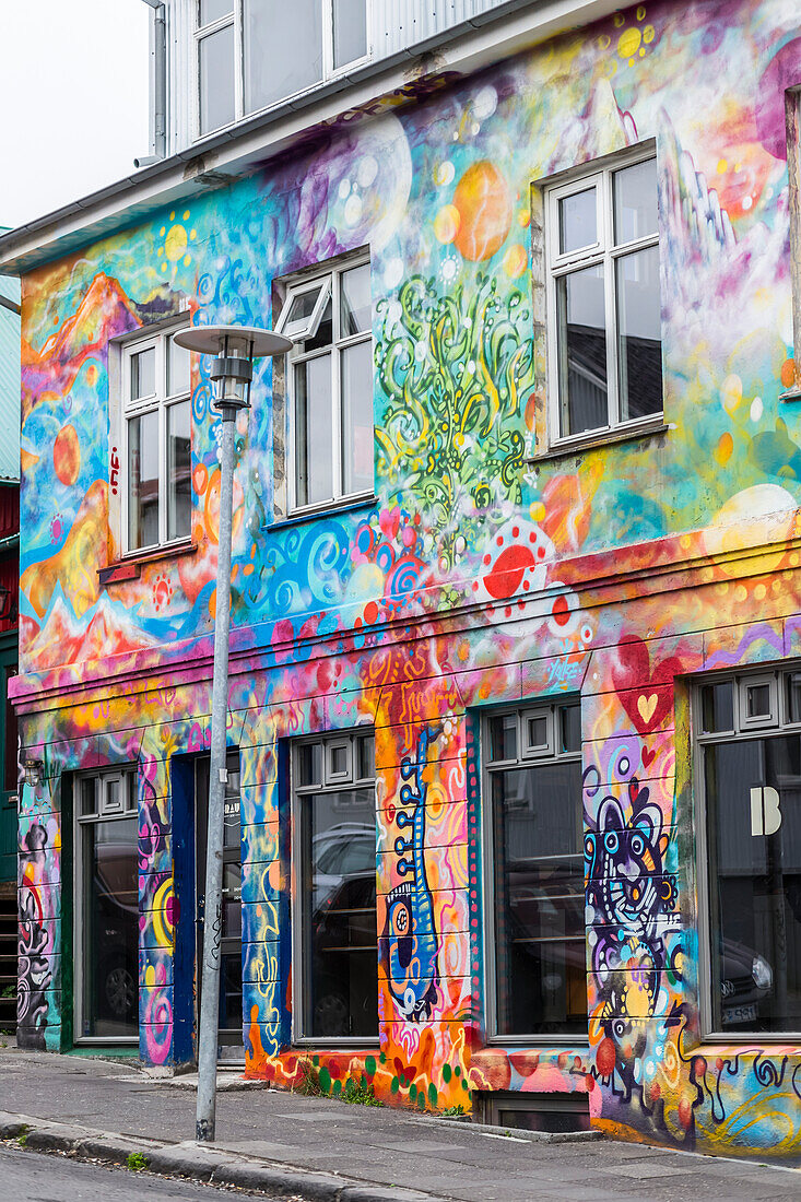 A beautiful,artistically painted building in downtown Reykjavik,typical of the artsy neighbourhoods that have many grafitti and art covered buildings,Reykjavik,Iceland