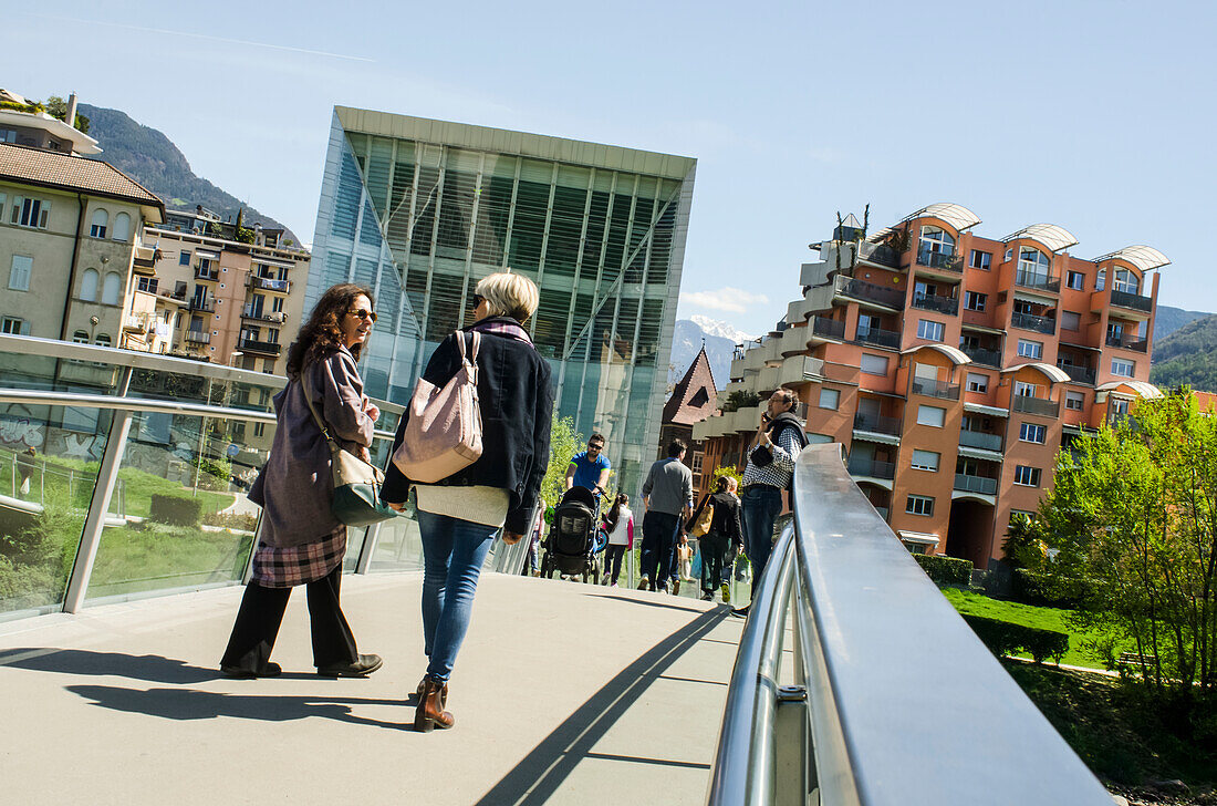 Museum of Contemporary and Modern Art viewed from a pedestrian bridge,Bolzano,Italy