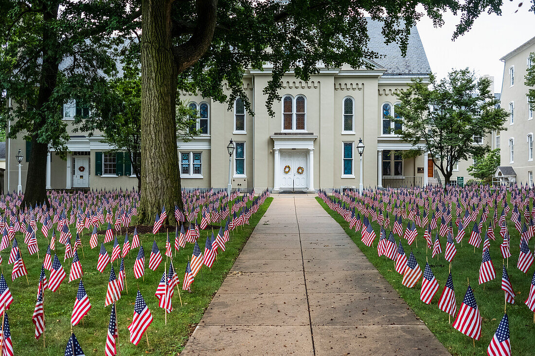 Flaggen im Rasen für die 4. Juli-Feier,Lititz,Pennsylvania,Vereinigte Staaten von Amerika