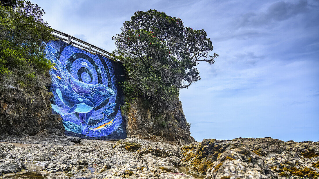 Artwork painted on a rock wall along the coast,Bay of Islands,North Island,Paihia,Northland Region,New Zealand