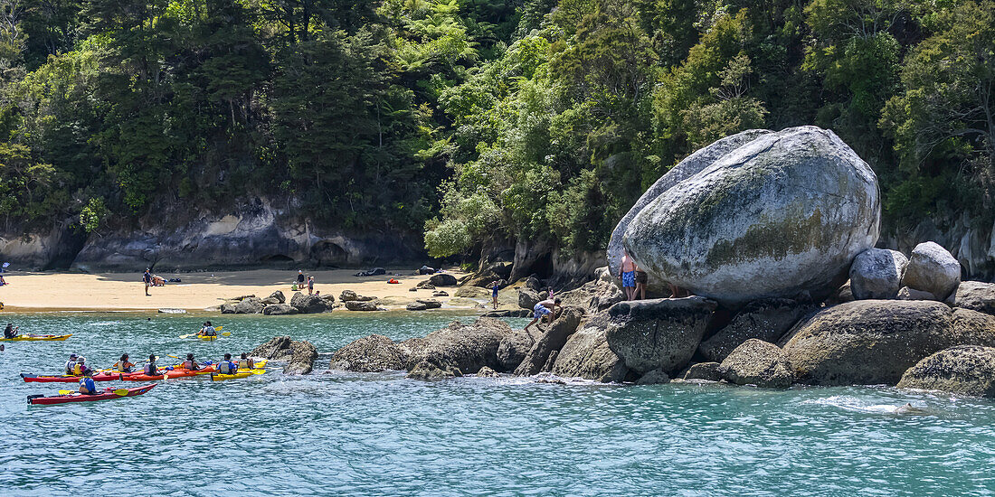 Menschen schwimmen, fahren Kajak und genießen den Strand im Abel Tasman National Park, einem Wildnisreservat am nördlichen Ende der Südinsel Neuseelands, Tasman District, Neuseeland