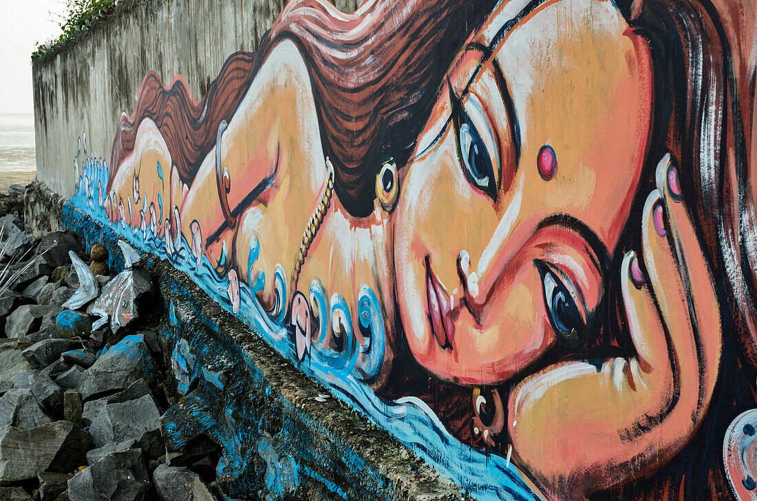 Mural depicting a reclining female deity of the sea protecting fishermen,Chandipur,Baleswar District,Odisha,India