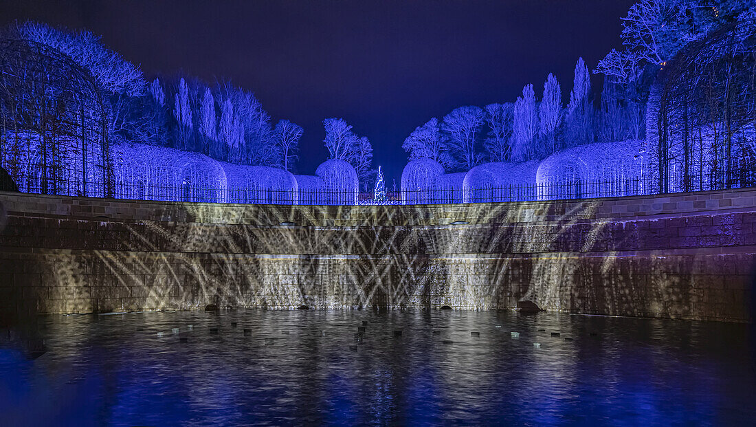 Illuminated Christmas Light Show at night at the Alnwick Gardens,Northumberland,England,United Kingdom