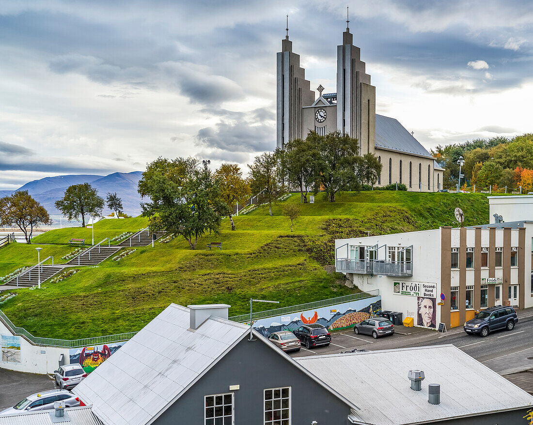 A church in the town of Akureyri,at the base of the Eyjafjorour Fjord in Northern Iceland,Akureyri,Northeastern Region,Iceland