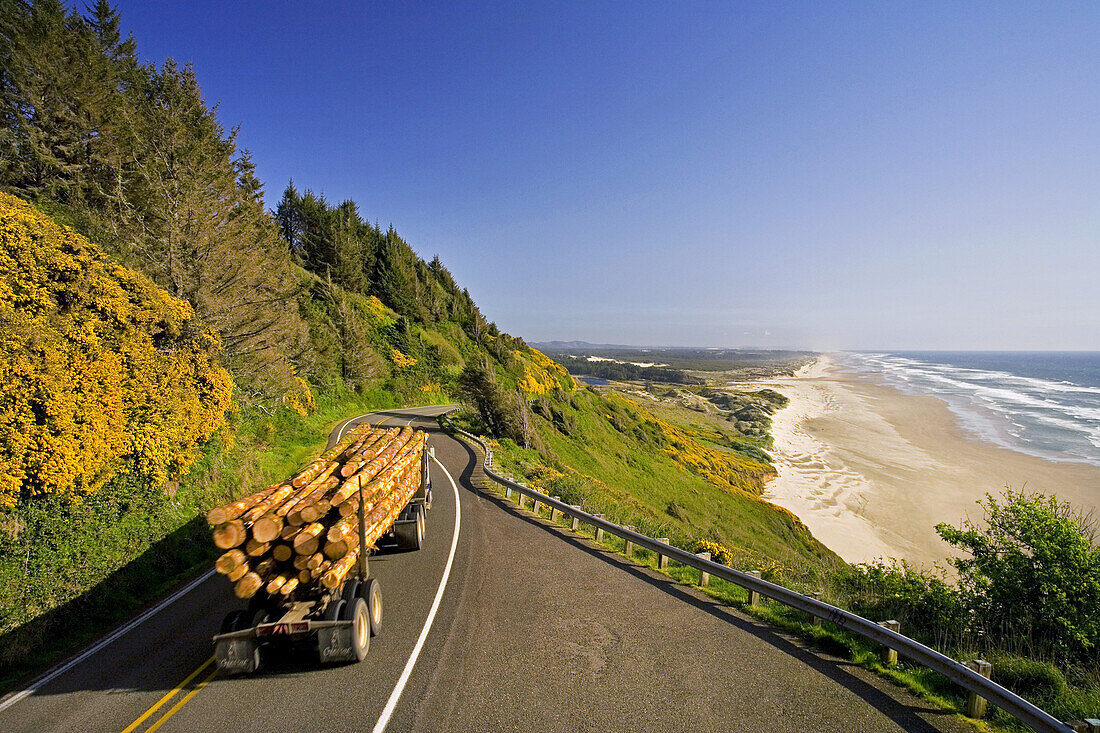 Holzfällerfahrzeug auf dem Highway entlang der Küste von Oregon in einer ländlichen Gegend, Oregon, Vereinigte Staaten von Amerika