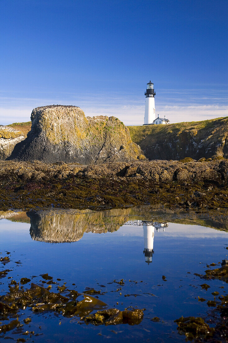 Yaquina Head Light reflected in a tide pool along the Oregon coast,Yaquina Bay State Park,Oregon,United States of America