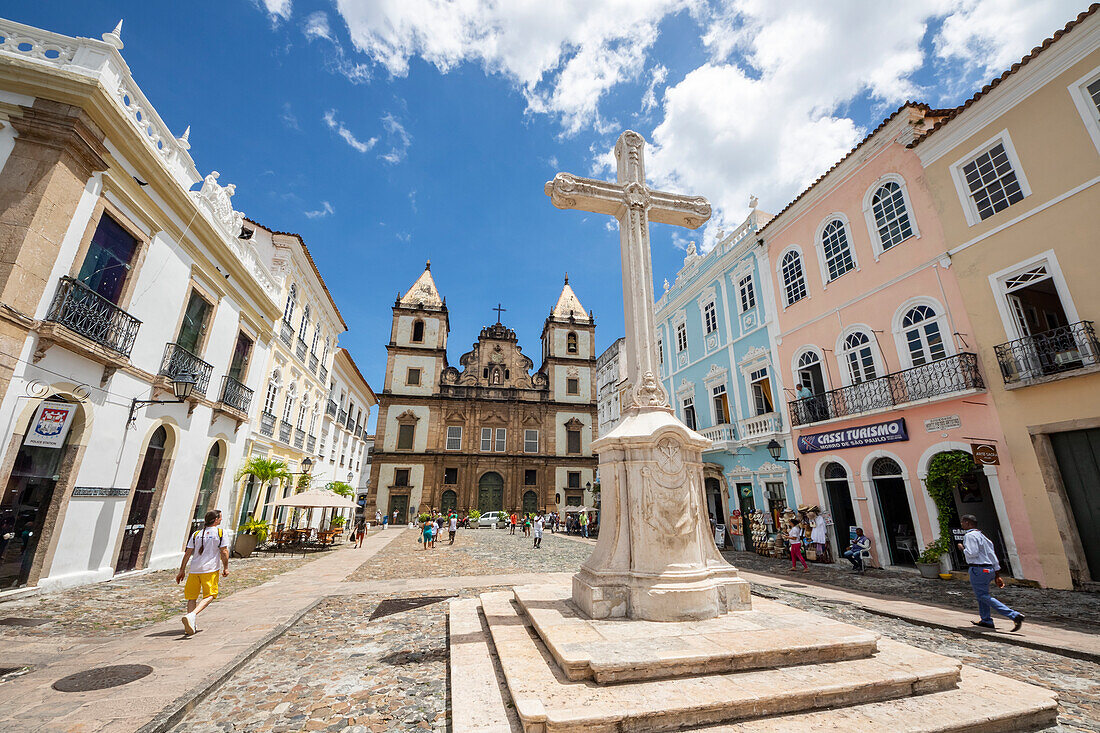 Cross on Largo do Sao Francisco and Convent and Church of Sao Francisco in Pelourinho,Salvador,Bahia,Brazil