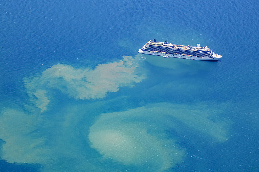 Aerial view of a cruise ship touring the Cape York Peninsula on the east coast of Queensland,Australia