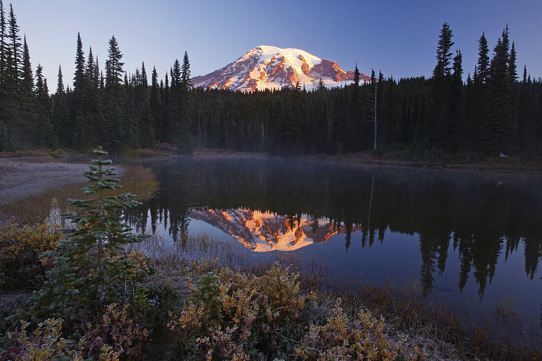 Mount Rainier at sunrise,with sunlight glowing on the snow-capped peak and the mirror image reflected in the tranquil water of Reflection Lake below,frosty grass on the shore and mist rising up from the water,Washington,United States of America