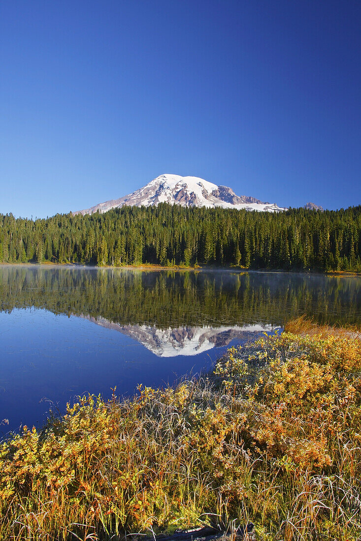 Schneebedeckter Mount Rainier, mit herbstlich gefärbter Vegetation am Ufer und Nebel, der aus dem Wasser des Reflection Lake aufsteigt, Washington, Vereinigte Staaten von Amerika