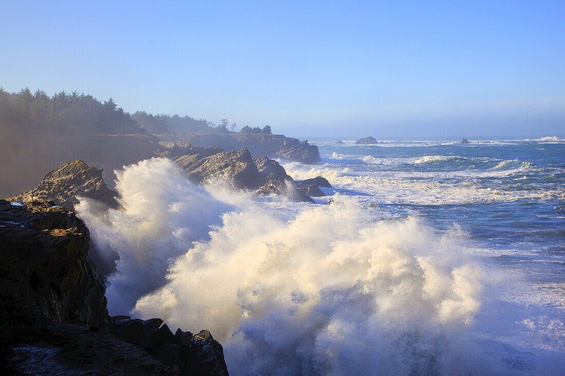 Waves crashing into the rugged Oregon coastline,Oregon,United States of America