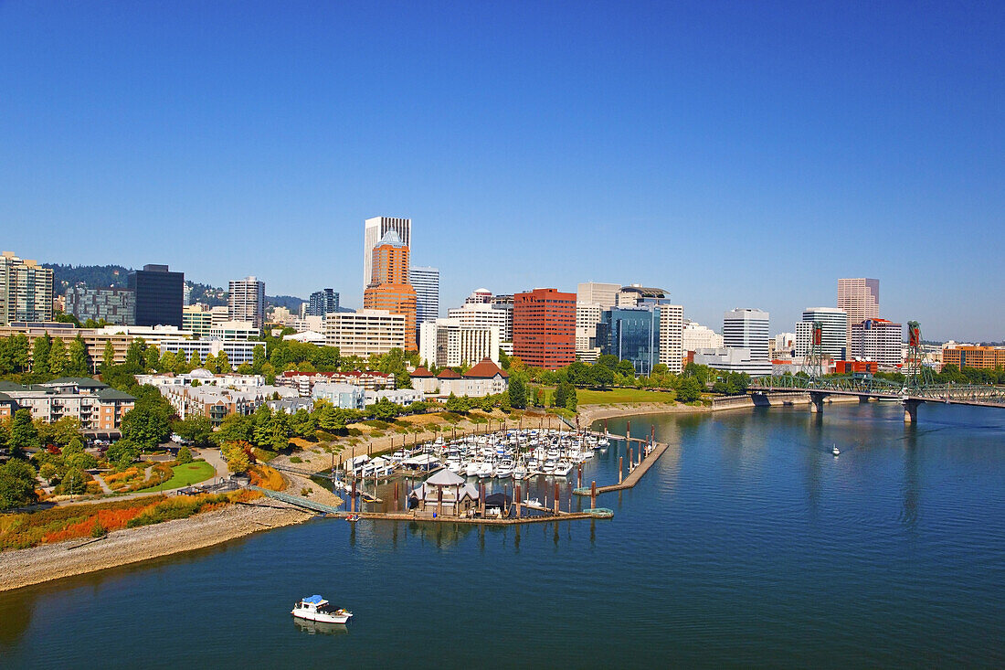 Colourful cityscape with harbour and Hawthorne Bridge over the Willamette River in Portland,Oregon,Portland,Oregon,United States of America