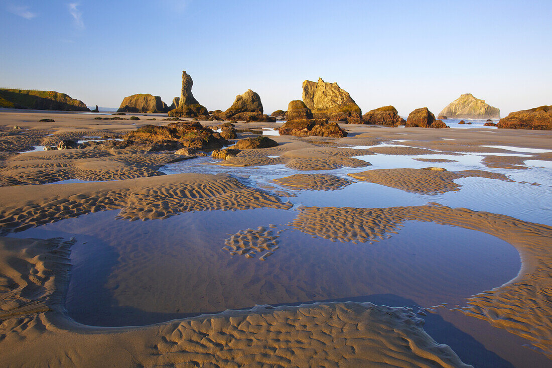 Zerklüftete Felsformationen entlang der Küstenlinie mit Gezeitentümpeln auf dem gewellten Sand in der Bandon State Natural Area an der Küste von Oregon, Bandon, Oregon, Vereinigte Staaten von Amerika