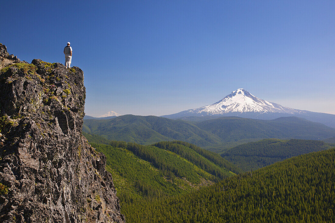 A man stands on a ridge looking out over the vast landscape to the snow-covered peak of Mount Hood in the distance and Mount Hood National Forest,Oregon,United States of America