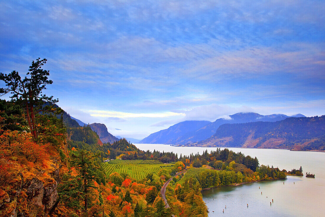 Herbstfarben und Farmland entlang des Columbia River in der Columbia River Gorge, Oregon, Vereinigte Staaten von Amerika