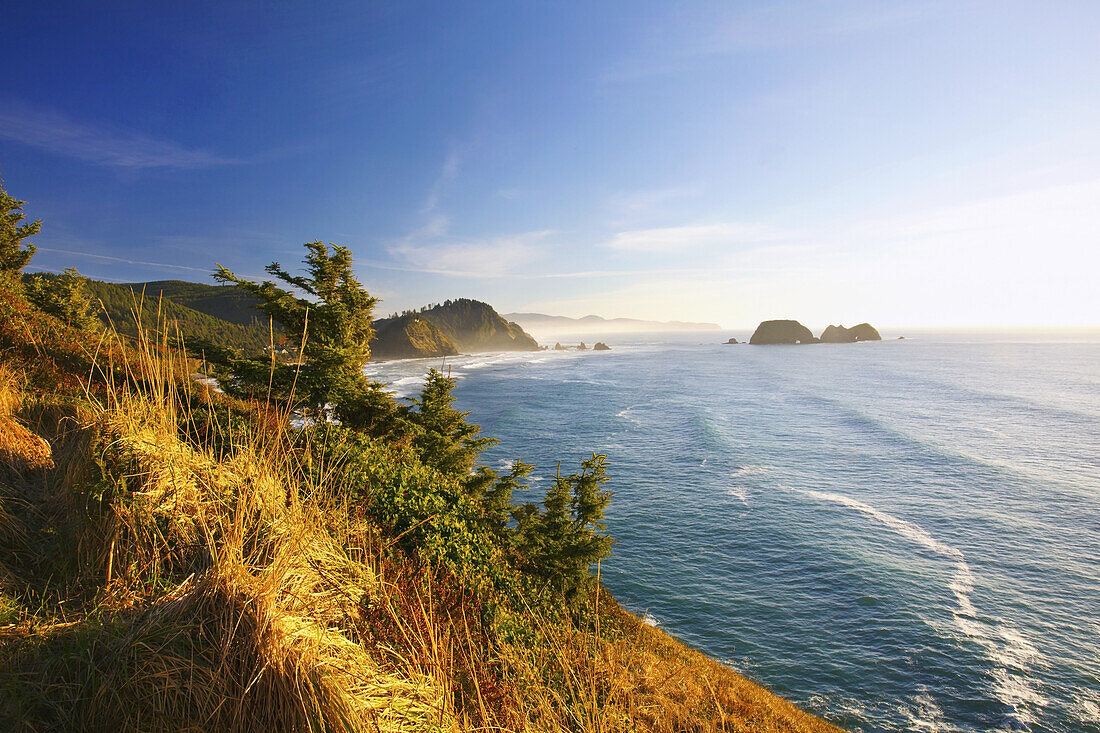 Ruhige Szene an der Küste von Oregon mit leichtem Nebel über der Brandung und Felsformationen entlang der Küste an der Tillamook Bay, Oregon, Vereinigte Staaten von Amerika